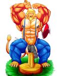  5_toes animal_genitalia anthro armpit_hair armpits arms_above_head axe baconking balls barefoot beard belly big_penis blonde_hair brown_eyes clothed clothing cum erection facial_hair facial_piercing feline flexing grass hair hairy holding_object huge_penis humanoid_penis lion looking_at_viewer lumberjack male mammal manly mature_male melee_weapon muscular muscular_male nipples nose_piercing nude overalls pants partially_retracted_foreskin pecs penis piercing pose precum pubes simple_background smile solo spread_legs spreading sweat thick_penis toes topless uncut vein veiny_penis weapon wood work 