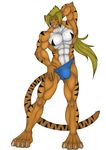  2016 abs anthro armpits biceps big_muscles bulge clothed clothing feline flexing fur hair hi_res kemobuilder looking_at_viewer male mammal muscular muscular_male pecs pose simple_background smile solo speedo stripes swimsuit teasing tiger tongue underwear white_background zephir 