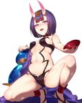  ankle_ribbon barefoot barefoot_sandals blush bob_cut breasts cup fate/grand_order fate_(series) highres horns looking_at_viewer navel nijimaarc oni oni_horns open_mouth pale_skin purple_eyes purple_hair ribbon sakazuki short_hair shuten_douji_(fate/grand_order) simple_background small_breasts smile solo squatting white_background 