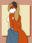  2016 blonde_hair breasts canine clothed clothing female fox green_eyes hair looking_at_viewer looking_back mammal os side_boob solo topless towel 