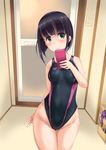  basket black_hair bra bra_removed cellphone competition_swimsuit door green_eyes highleg highleg_swimsuit laundry_basket minase_(takaoka_nanase) one-piece_swimsuit original phone self_shot short_hair smartphone solo standing swimsuit underwear 