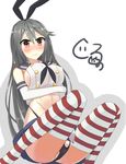  black_panties blush breasts brown_eyes commentary_request cosplay elbow_gloves embarrassed gloves grey_hair hair_ornament hair_ribbon hairclip haruna_(kantai_collection) kantai_collection large_breasts long_hair navel panties ribbon shimakaze_(kantai_collection)_(cosplay) shiruhino sideboob simple_background solo striped striped_legwear thighhighs underwear 
