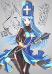  :&gt; :o arms_up bangs behoimi_slime blue_hair blue_hat blush bodysuit breasts chibi closed_mouth coffee_cat collarbone copyright_name covered_nipples cross_print dragon_quest dragon_quest_iii gem gloves grey_background hat holding holding_staff large_breasts long_hair long_sleeves looking_at_viewer mace mitre multiple_views open_mouth priest_(dq3) red_eyes shiny shiny_clothes sideboob skin_tight smile staff swept_bangs tabard translated wardrobe_error weapon yellow_gloves 