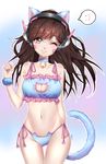  ;) ;3 absurdres animal_ears bangs bell bell_choker bell_collar blue_background blue_bra blue_panties blush bra breasts brown_eyes brown_hair cat_cutout cat_ear_panties cat_ears cat_lingerie cat_tail choker cleavage_cutout closed_mouth collar collarbone cowboy_shot d.va_(overwatch) facial_mark fang fang_out frilled_bra frills gradient gradient_background head_tilt headphones highres jingle_bell long_hair looking_at_viewer medium_breasts meme_attire navel one_eye_closed outline overwatch panties purple_background side-tie_panties smile solo spoken_expression swept_bangs tail thigh_gap twitter_username underwear underwear_only vumii whisker_markings white_background 