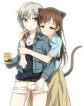  anastasia_(idolmaster) animal_ear_fluff animal_ears blue_eyes brown_eyes brown_hair cat_ears cat_tail hug hug_from_behind idolmaster idolmaster_cinderella_girls kemonomimi_mode multiple_girls nitta_minami short_hair silver_hair skirt tail umekichi yuri 