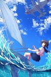  :o air_bubble aircraft airplane back black_hair blouse blue_skirt blue_sky boat bubble cloud day dutch_angle fubuki_(kantai_collection) highres holding kantai_collection karo-chan leaning_back low_ponytail m6a_seiran motion_blur ocean open_mouth outdoors pleated_skirt riding sailboat sailing school_uniform serafuku short_sleeves signature skirt sky solo water watercraft waves white_blouse yellow_eyes 
