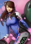  2016 ;) asian bangs blurry bodysuit breasts brown_eyes brown_hair covered_nipples cowboy_shot d.va_(overwatch) dated depth_of_field eyelashes facial_mark gloves headphones karl_liversidge lips long_hair looking_to_the_side mecha medium_breasts meka_(overwatch) nose one_eye_closed overwatch parted_lips petals pilot_suit signature skin_tight smile solo swept_bangs watermark web_address whisker_markings white_gloves 