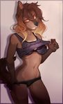  anthro bra canine clothed clothing clothing_lift fangs female looking_at_viewer mammal navel open_mouth plain-background shirt shirt_lift smile solo teasing teeth tongue underwear vexstacy 