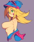  areola_slip areolae bad_id bad_twitter_id blonde_hair blush breasts dark_magician_girl duel_monster green_eyes grey_background hat inverted_nipples large_breasts long_hair metata nipples pentacle simple_background solo topless wizard_hat yuu-gi-ou yuu-gi-ou_duel_monsters 
