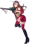  alternate_costume alternate_eye_color alternate_hair_color ass bad_id bad_pixiv_id bare_shoulders breasts brown_hair caitlyn_(league_of_legends) detached_sleeves full_body gun hanato_(seonoaiko) high_heels highres holding holding_gun holding_weapon leg_up lips long_hair looking_away mask mask_on_head purple_eyes ribbon ribbon_trim rifle simple_background sniper_rifle solo thighhighs thighs vss_vintorez weapon white_background wide_sleeves 