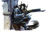  2016 anthro armor bayonet blue_eyes charr claws crouching feline female guild_wars gun horn hounds-tooth knife mammal multi_ear ranged_weapon rifle simple_background solo video_games weapon white_background 