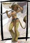  anthro armpits big_breasts bovine breasts brown_hair cleavage clothed clothing collar cowbell female gloves hair hammer horn kukuruyoart_(artist) mammal minotaur patreon pose short_hair skimpy solo tools weapon 