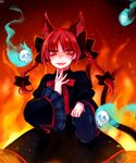  animal_ears black_bow black_dress bow bowtie braid cat_ears cat_tail dress fangs fiery_background fire flaming_skull hair_bow hair_ribbon highres hitodama juliet_sleeves kaenbyou_rin long_sleeves looking_at_viewer multiple_tails open_mouth puffy_sleeves red_bow red_eyes red_hair red_neckwear ribbon shan skull smile solo tail touhou tress_ribbon twin_braids two_tails wide_sleeves 