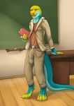  2016 5_fingers anthro balls belt big_penis blazer blue_scales book bulge chalkboard classroom claws clothed clothing collared_lizard desk digital_media_(artwork) front_view green_eyes grin humanoid_penis invalid_tag lizard lizardlars looking_at_viewer male monroe_(monroethelizard) penis reptile scales scalie school smile solo standing teacher teeth thick_penis thick_tail yellow_scales 