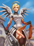 2016 armor balls blonde_hair blue_eyes breasts building clothed clothing dickgirl digital_media_(artwork) fxnative hair halo herm human intersex looking_at_viewer mammal mechanical_wings mercy_(overwatch) no_underwear not_furry open_mouth outside overwatch penis public short_jaor simple_background sky solo solo_focus staff teeth video_games weapon wings 