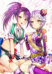  bad_id bad_pixiv_id crown frilled_skirt frills gambe green_eyes groin kneeling long_hair looking_at_viewer midriff mini_crown multiple_girls necktie open_mouth pretty_(series) pripara purple_hair purple_legwear shikyouin_hibiki short_hair side_ponytail silver_hair sitting skirt smile toudou_shion yellow_eyes 