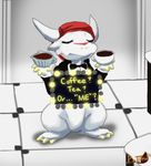  2016 3_toes 4_fingers ambiguous_gender animated beverage bottomless bow_tie chibisuke clothed clothing coffee cup dragon dragon_drive english_text eyes_closed food hat holding_object horn inside loop ratteu semi-anthro sign signature solo standing suggestive tea text toes white_body 