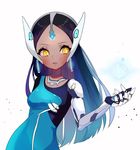  bad_id bad_pixiv_id black_hair blue_dress breasts cowboy_shot cube cyborg dark_skin dress earrings forehead_jewel headgear highres hologram hyssopu jewelry long_hair looking_at_viewer mechanical_arm medium_breasts necklace overwatch simple_background solo symmetra_(overwatch) visor white_background yellow_eyes 
