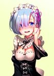  as109 blue_eyes blue_hair blush breasts detached_sleeves hair_ornament hair_over_one_eye highres large_breasts looking_at_viewer maid open_mouth re:zero_kara_hajimeru_isekai_seikatsu rem_(re:zero) revision short_hair simple_background solo tears white_legwear x_hair_ornament 