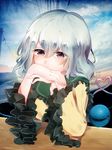  elbow_rest elbows_on_table frills grey_eyes heart heart-shaped_pupils highres komeiji_koishi looking_at_viewer no_hat no_headwear power_lines silver_hair solo suzune_hapinesu symbol-shaped_pupils touhou transmission_tower tree 