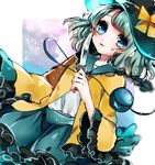  1girl blue_eyes green_hair hat heart heart_in_eye highres knife komeiji_koishi long_sleeves open_mouth smile solo stitched stitches suzune_hapinesu third_eye touhou 