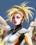  artstation_sample blonde_hair blue_eyes breastplate breasts eyelashes high_collar high_ponytail image_sample lips mechanical_halo mechanical_wings medium_breasts mercy_(overwatch) muju overwatch parted_lips solo upper_body wings work_in_progress 