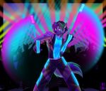  anthro black_nose clothed clothing fur glowing glowstick hair hyena looking_at_viewer male mammal pants purple_fur rave raver red_eyes sapphwolf shirt shytzo spotted_hyena 