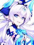  bad_id bad_pixiv_id bangs bare_shoulders blue_eyes elbow_gloves elsword eyebrows eyebrows_visible_through_hair fangs gloves hair_between_eyes horns hwansang long_hair looking_at_viewer luciela_r._sourcream noblesse_(elsword) open_mouth pointy_ears smile solo strapless symbol-shaped_pupils upper_body white_hair 