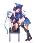  adjusting_clothes adjusting_hat belt blue_eyes blue_hair boots braid breasts bullet caitlyn_(league_of_legends) chair fingerless_gloves gloves grabbing hanato_(seonoaiko) hat jewelry jinx_(league_of_legends) league_of_legends long_hair looking_at_viewer midriff multiple_girls necklace officer_caitlyn pink_eyes police police_hat police_uniform policewoman simple_background sitting skirt small_breasts smile tattoo twin_braids twitter_username uniform very_long_hair weapon 