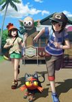  1girl absurdres baseball_cap beach bird black_hair cat cloud cloudy_sky clown_nose day gen_7_pokemon grey_eyes hat highres kitten litten looking_at_another mizuki_(pokemon) outdoors owl palm_tree pokemon pokemon_(creature) pokemon_(game) pokemon_sm red_eyes rowlet running sand shirt shorts sky smile striped striped_shirt t@kuyoa tree watch wristwatch you_(pokemon) z-ring 