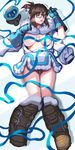  ass_visible_through_thighs bangs beads black-framed_eyewear blue_gloves blue_ribbon boots breasts brown_eyes brown_hair coat drone floating fur_boots fur_coat fur_trim glasses gloves hair_bun hair_ornament hair_stick highres large_breasts lips lying mei_(overwatch) on_back overwatch parka parted_lips pink_lips ribbon robot short_hair skirt snowball_(overwatch) solo teiten-bakuha winter_clothes winter_coat 