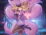  ahri alternate_costume alternate_hair_color animal_ears ass bangs blonde_hair bow breasts cleavage cosplay crowd floating_hair fox_ears fox_tail hanato_(seonoaiko) hat hat_bow heart high_heels jacket kumiho league_of_legends leg_up long_hair looking_at_viewer medium_breasts multiple_tails open_clothes open_jacket peaked_cap popstar_ahri smile solo tail thighs twitter_username whisker_markings yellow_eyes 
