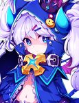  bad_id bad_pixiv_id belt blue_eyes chiliarch_(elsword) coat collar crown elsword eyebrows eyebrows_visible_through_hair hair_ornament hairclip hood horns hwansang long_hair long_sleeves looking_at_viewer luciela_r._sourcream midriff mini_crown navel open_mouth solo star star-shaped_pupils symbol-shaped_pupils twintails upper_body white_background white_hair 