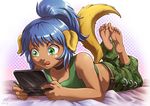  animal_ears bare_shoulders barefoot blue_hair breasts camouflage camouflage_pants cleavage collarbone dark_skin dog_ears feet feet_up green_eyes green_pants green_shirt handheld_game_console maxa' new_nintendo_3ds_ll nintendo_3ds pants ponytail shirt small_breasts smile soles solo stylus tail tank_top toes tongue tongue_out 