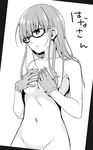  bad_id bad_pixiv_id bangs black-framed_eyewear border breasts covering covering_breasts glasses gloves greyscale groin hands_on_own_chest long_hair looking_away medium_breasts monochrome navel nimame_(nimameumee) nude parted_lips solo somei_hana translated upper_body white_background world_trigger younger 