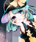  blue_eyes green_hair hands_on_own_cheeks hands_on_own_face hat hat_ribbon head_rest heart heart-shaped_pupils highres komeiji_koishi looking_at_viewer ribbon smile solo space star_(sky) suzune_hapinesu symbol-shaped_pupils touhou 