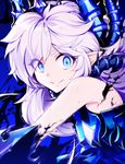  1girl armor asymmetrical_clothes bad_id bad_pixiv_id bare_shoulders blue_eyes crazy_eyes crazy_smile darkness diabla_(elsword) elsword eyebrows eyes_visible_through_hair fang grin hair_over_one_eye horns hwansang long_hair looking_at_viewer luciela_r._sourcream official_art pointy_ears skirt smile solo spikes symbol-shaped_pupils tail thorns white_hair 
