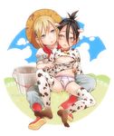  animal_ears animal_print bell black_hair blonde_hair bucket cow_bell cow_boy cow_ears cow_horns cow_print facial_mark farm folded_ponytail hat horns looking_at_another male_focus multiple_boys one-punch_man onsoku_no_sonic overalls scar senkou_no_flash straw_hat thighhighs tokisuna underwear undressing yaoi 