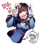  \m/ armor bodysuit breasts brown_hair bunny character_name chibi d.va_(overwatch) double_\m/ dual_persona facial_mark female gloves headgear headphones headset long_hair nico_nico_nii onsta overwatch pauldrons pilot_suit plugsuit signature skin_tight small_breasts smile solo sparkling_eyes transparent_background twintails whisker_markings white_gloves 