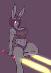 2016 absurd_res anthro big_breasts breasts cleavage clothed clothing female hi_res lagomorph lightsaber looking_at_viewer mammal navel rabbit scdk smile sportswear star_wars 