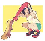  armpit_peek beanie black_hair bra bra_peek bracelet gen_7_pokemon gojya hat jewelry mizuki_(pokemon) open_mouth pokemon pokemon_(creature) pokemon_(game) pokemon_sm red_hat shirt shoes short_hair short_shorts shorts sneakers squatting sweat t-shirt trembling underwear wide_sleeves yungoos z-ring 