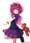  :d ahoge animal_ears annie_hastur backpack bag bangs blush bracelet fake_animal_ears flat_chest green_eyes hanato_(seonoaiko) holding jewelry league_of_legends leg_up loafers looking_at_viewer open_mouth pink_hair pleated_skirt puffy_short_sleeves puffy_sleeves red_hair shoes short_hair short_sleeves simple_background skirt smile socks solo stuffed_animal stuffed_toy teddy_bear twitter_username v-shaped_eyebrows walking white_background 
