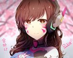  bodysuit brown_eyes brown_hair closed_mouth d.va_(overwatch) facial_mark headphones isumi_(yangyan) long_hair looking_at_viewer overwatch pilot_suit portrait smile solo whisker_markings 