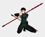  black_hair detached_sleeves fate/zero fate_(series) gae_buidhe gae_dearg grey_background hair_between_eyes highres holding holding_weapon kneeling lancer_(fate/zero) looking_at_viewer male_focus polearm simple_background solo spear weapon ycco_(estrella) yellow_eyes 