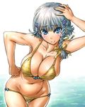  amania_orz bare_shoulders bikini blue_eyes blush braid breasts cleavage hair_ornament hair_ribbon hairclip hand_on_head hand_on_hip large_breasts looking_at_viewer navel ribbon seolla_schweizer short_hair side_braid sideboob silver_hair smile solo super_robot_wars swimsuit thigh_gap thighs water wide_hips 