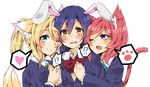  3girls ;) animal_ears aqua_eyes ayase_eli blazer blonde_hair blue_hair blush bunny_ears cat_ears cat_tail fang fox_ears fox_tail girl_sandwich heart holding_hands jacket kuuya_(ayahata43) looking_at_viewer love_live! love_live!_school_idol_project multiple_girls nishikino_maki one_eye_closed open_mouth otonokizaka_school_uniform paw_print ponytail purple_eyes red_hair ribbon sandwiched school_uniform smile sonoda_umi spoken_heart spoken_interrobang spoken_object spoken_paw_print sweatdrop tail wavy_mouth yellow_eyes yuri 