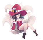  ahri alternate_costume animal_ears annoyed bad_id bad_pixiv_id bare_shoulders black_hair bow breasts cleavage detached_sleeves ears_through_headwear facial_mark fox_tail frown hanato_(seonoaiko) hat hat_bow knees_together_feet_apart korean_clothes large_breasts league_of_legends long_hair looking_at_viewer multiple_tails no_panties pumpkin simple_background solo star star_print tail thighs twitter_username whisker_markings white_background witch_hat yellow_eyes 