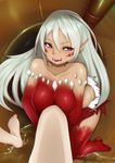  absurdres bare_shoulders barefoot blood blush breasts fangs ghoul ghoul_(monster_girl_encyclopedia) highres long_hair looking_at_viewer magnifire mamono_girl_lover monster_girl monster_girl_encyclopedia no_nipples pointy_ears pov purple_eyes tattoo undead white_hair 