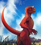  2016 anthro athletic butt dinosaur grass male nude rotarr scalie simple_background solo yellow_eyes 