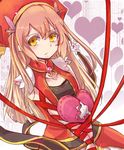  bound bound_arms brown_hair collarbone commentary_request dipladenia_(flower_knight_girl) flower flower_knight_girl hair_ornament hat heart heart_background long_hair looking_at_viewer red_ribbon ribbon roshio sidelocks sleeveless solo yellow_eyes 